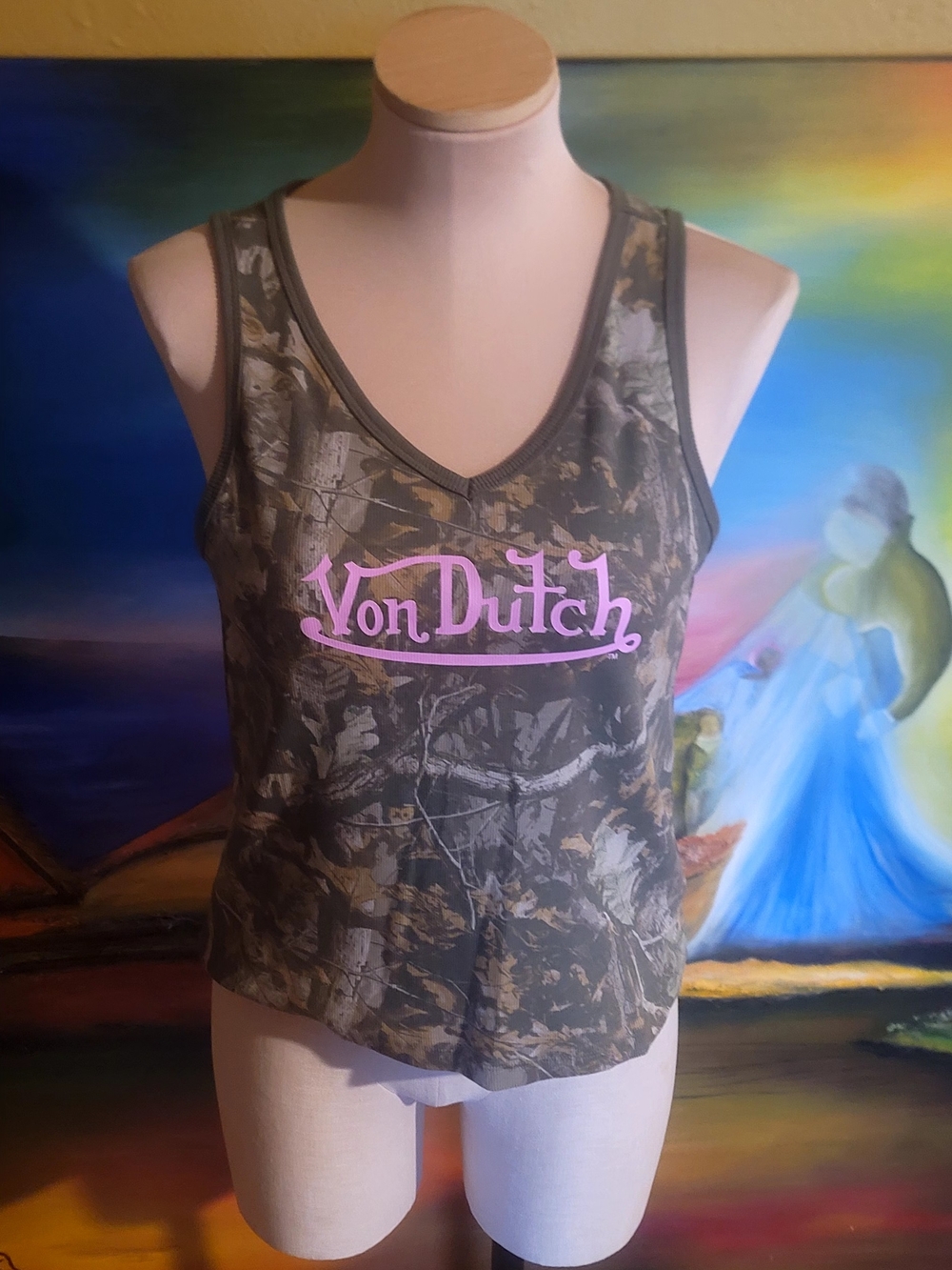 Von Dutch Women's Camouflage Tank Top in Olive with Pink Logo